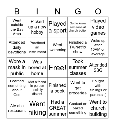 COVID Summer Bingo Card