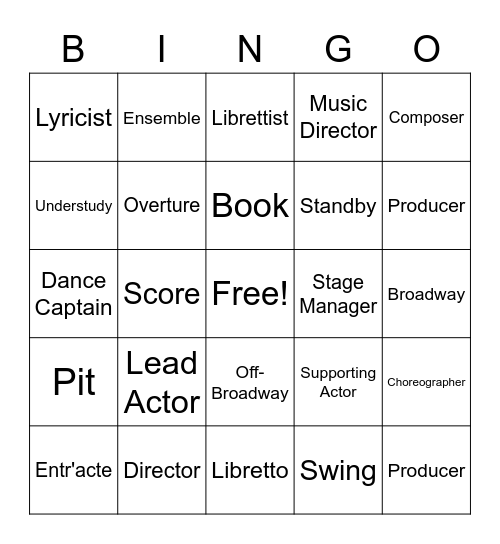 Musical Theatre: Cast and Crew Roles Bingo Card