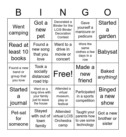 LCIS Orchestra Quarantine Summer Bingo Card