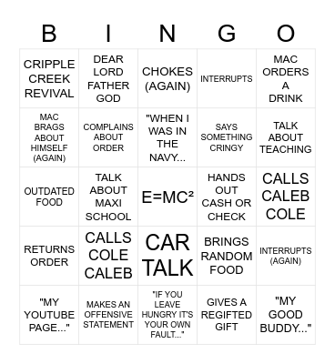FAMILY DINNERS Bingo Card