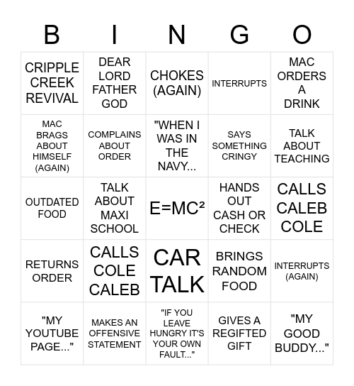 FAMILY DINNERS Bingo Card