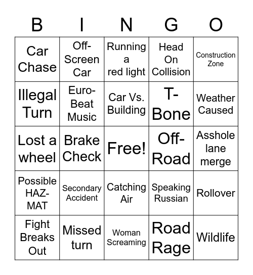 DASHCAM BINGO Card