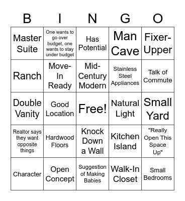 House Hunters Drinking Bingo Card