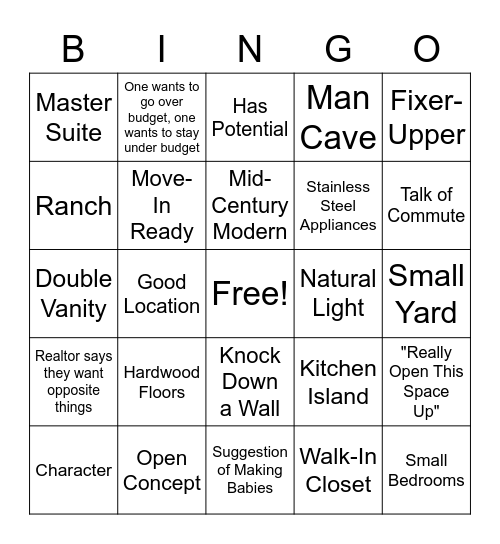 House Hunters Drinking Bingo Card