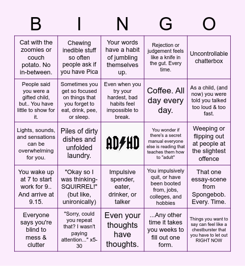 Undiagnosed ADHD v2 Bingo Card