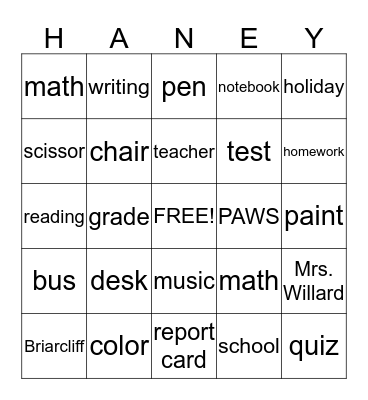 Mrs. Haney's Bingo Bonanza Bingo Card