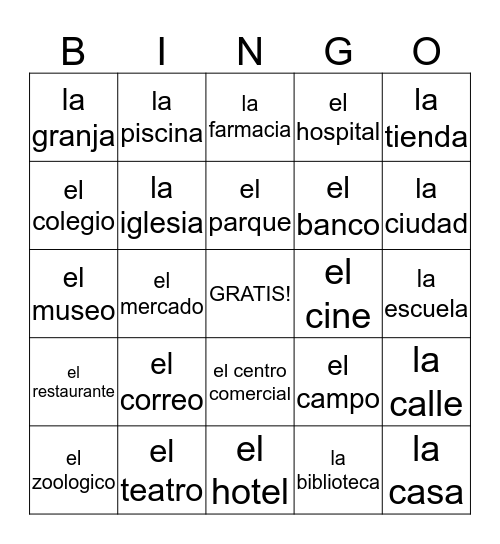 Places Bingo Card