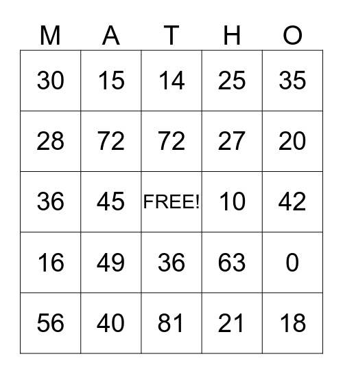 Multiplication Bingo Card