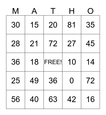 Multiplication Bingo Card