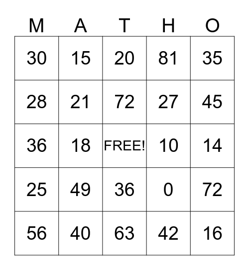Multiplication Bingo Card