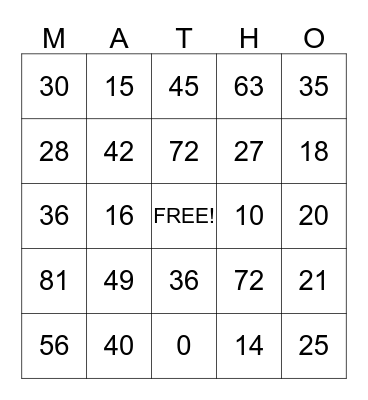 Multiplication Bingo Card