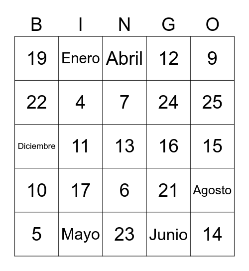 G6 - Números y meses Bingo Card