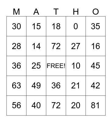 Multiplication Bingo Card
