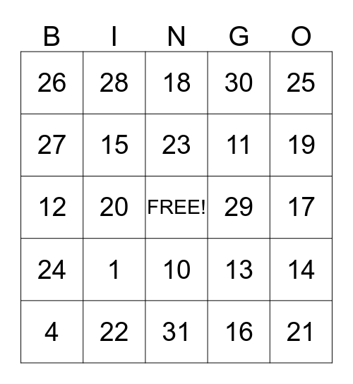 NUMBERS 1 - 31 Bingo Card