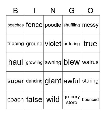 Nouns, Verbs, Adjectives Bingo Card