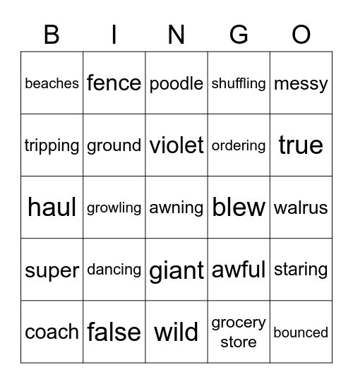 Nouns, Verbs, Adjectives Bingo Card