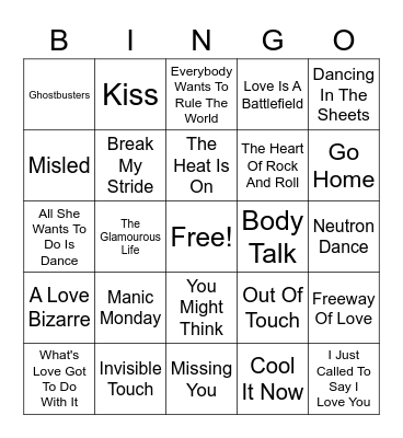 80s Hits Bingo Card