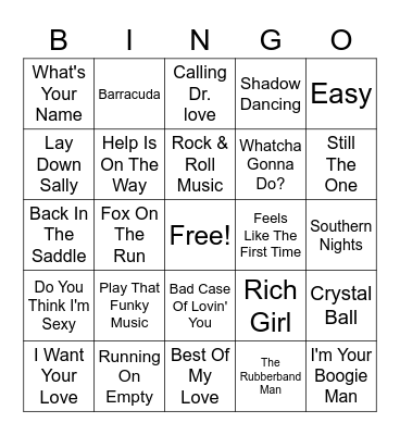 70s Hits Bingo Card