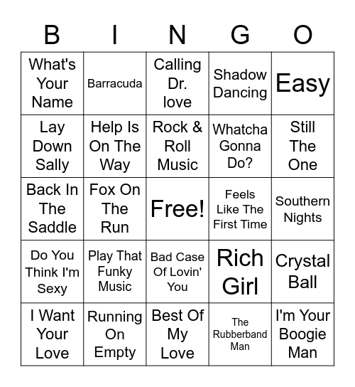 70s Hits Bingo Card