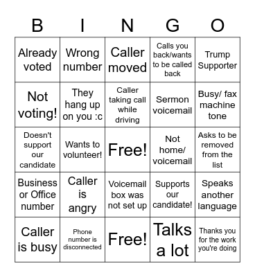 GOTV Phone Bank Bingo Card