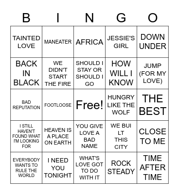 1980s SONGS Bingo Card