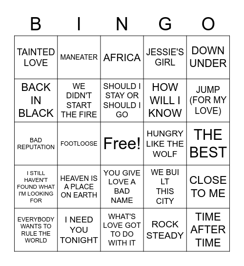 1980s SONGS Bingo Card