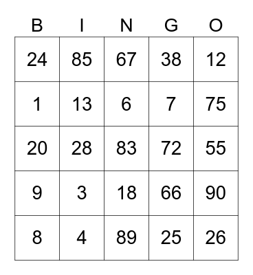 ; s a n a ; Bingo Card