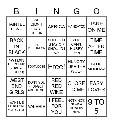 1980s SONGS Bingo Card