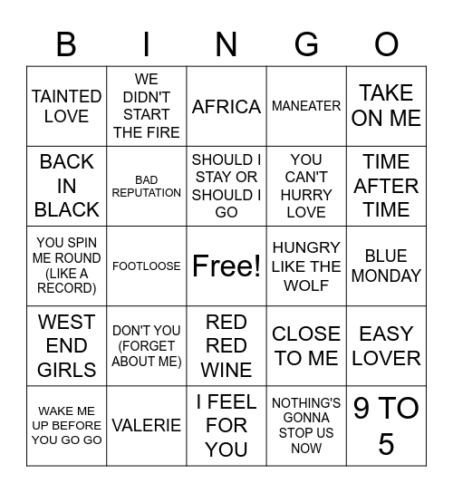 1980s SONGS Bingo Card