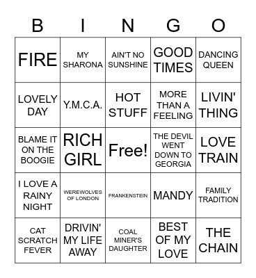 1970s SONGS Bingo Card