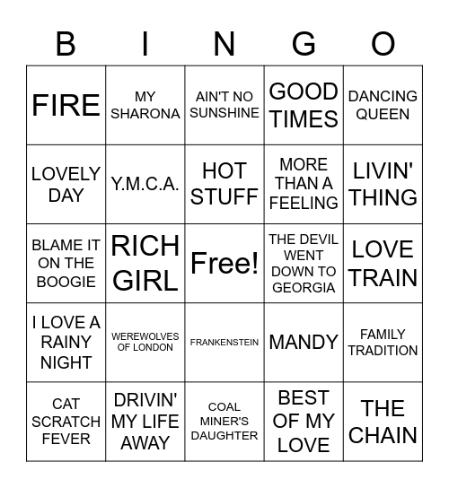 1970s SONGS Bingo Card