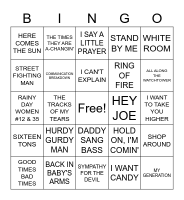 1960s SONGS Bingo Card