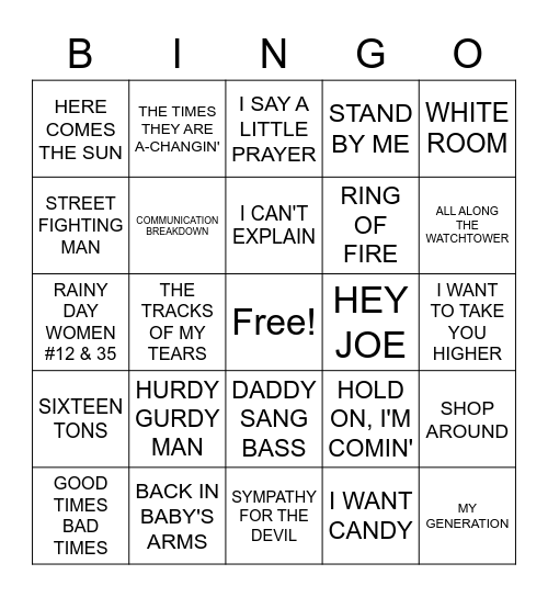 1960s SONGS Bingo Card