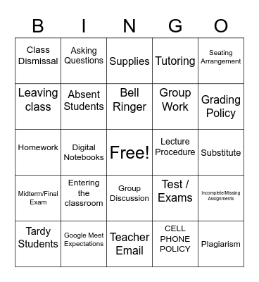 Syllabus Bingo Card