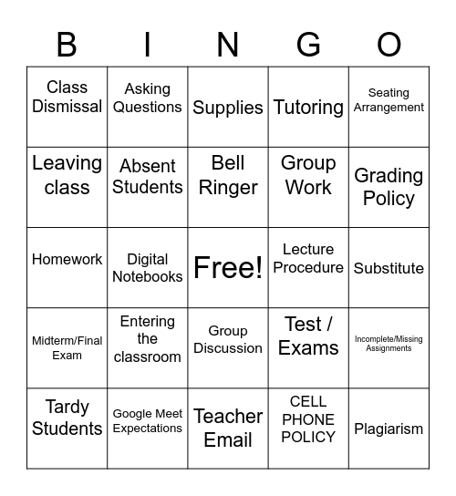 Syllabus Bingo Card