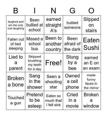 Never Have I Bingo Card