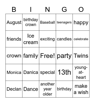 August Birthdays Bingo Card