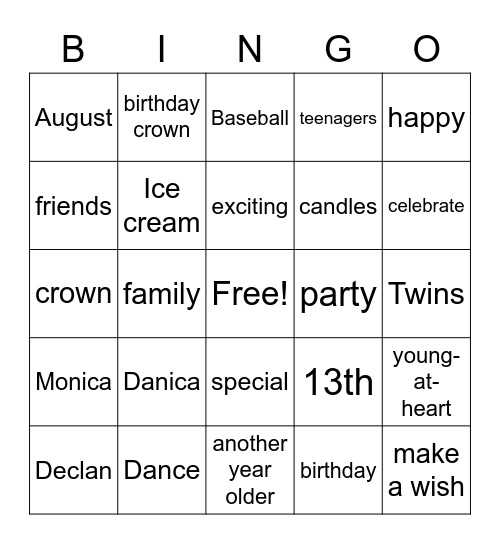 August Birthdays Bingo Card