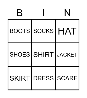 CLOTHES Bingo Card