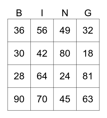 Multiplication Bingo Card