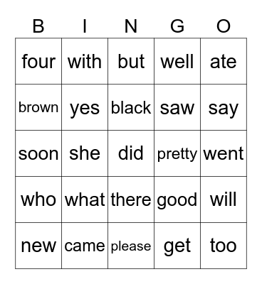 Sight Words Bingo Card