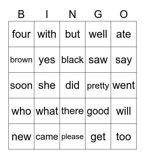 Sight Words Bingo Card