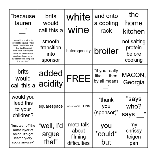 Adam Ragusea Bingo Card