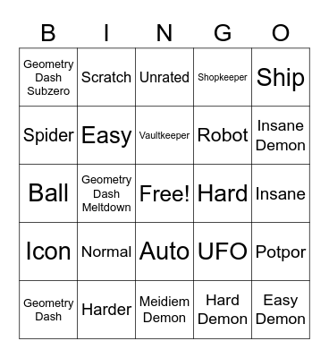 Geometry Dash Bingo Card