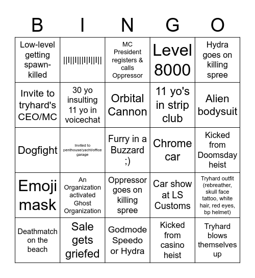 GTAO Bingo Card