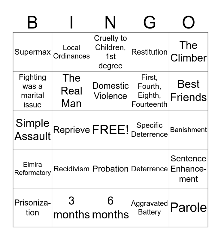Corrections Final Exam Review Bingo Card