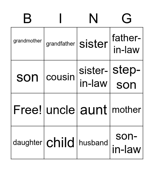 Family Members Bingo Card