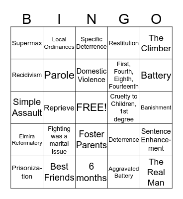 Corrections Final Exam Review Bingo Card