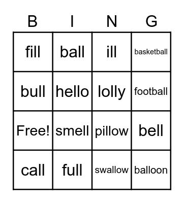 ll as in bell Bingo Card