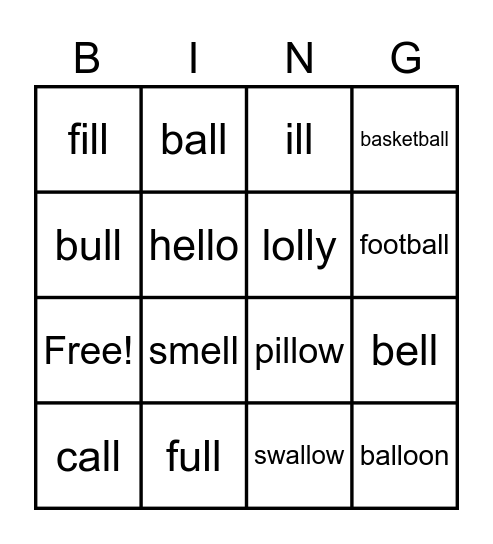 ll as in bell Bingo Card